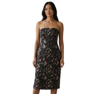 Lulus Dress Womens Medium Black Floral Strapless Brocade Midi Slit Elegant Party